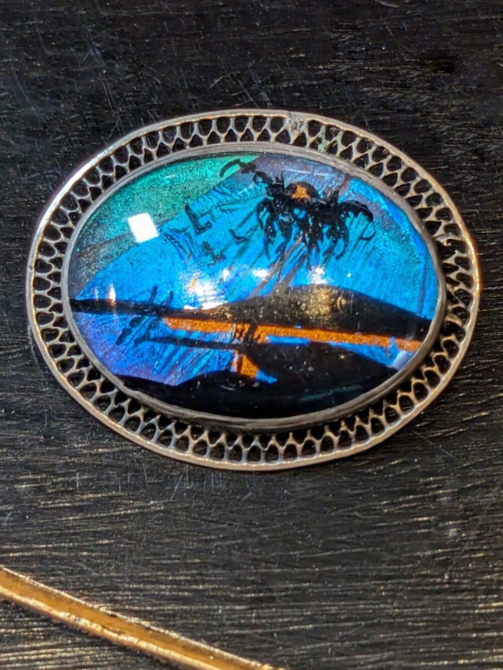 Hand Painted Tropical Scene Sterling Silver Brooch